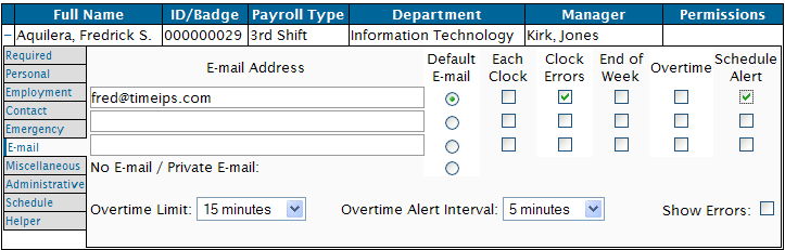 The Employee's Email Information Tab