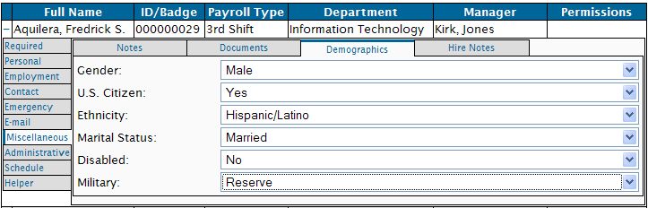 The Employee's Miscellaneous Information Tab - Demographics