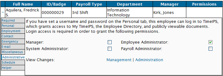 The Employee's Administrative Information Tab
