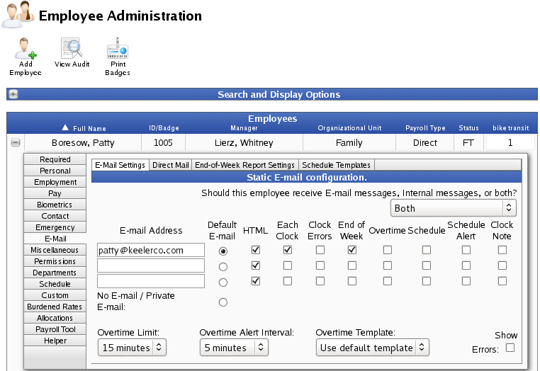 The Employee's Email Information Tab