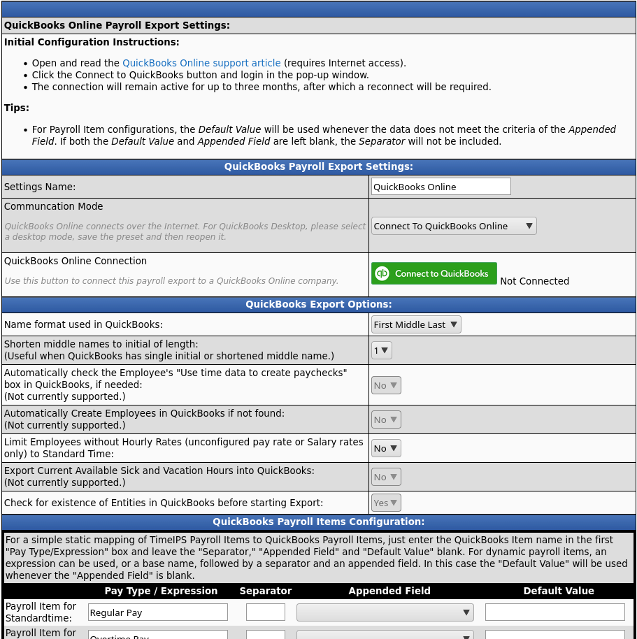 Settings for QuickBooks Online Export