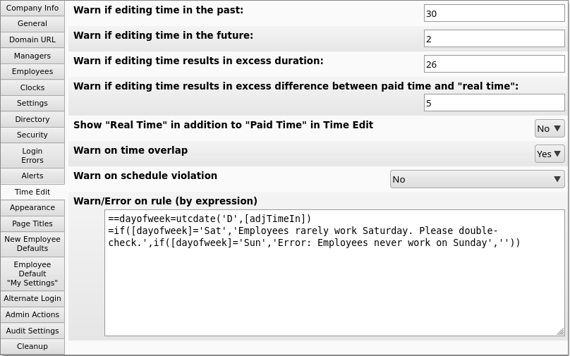 Divisions Time Edit configuration